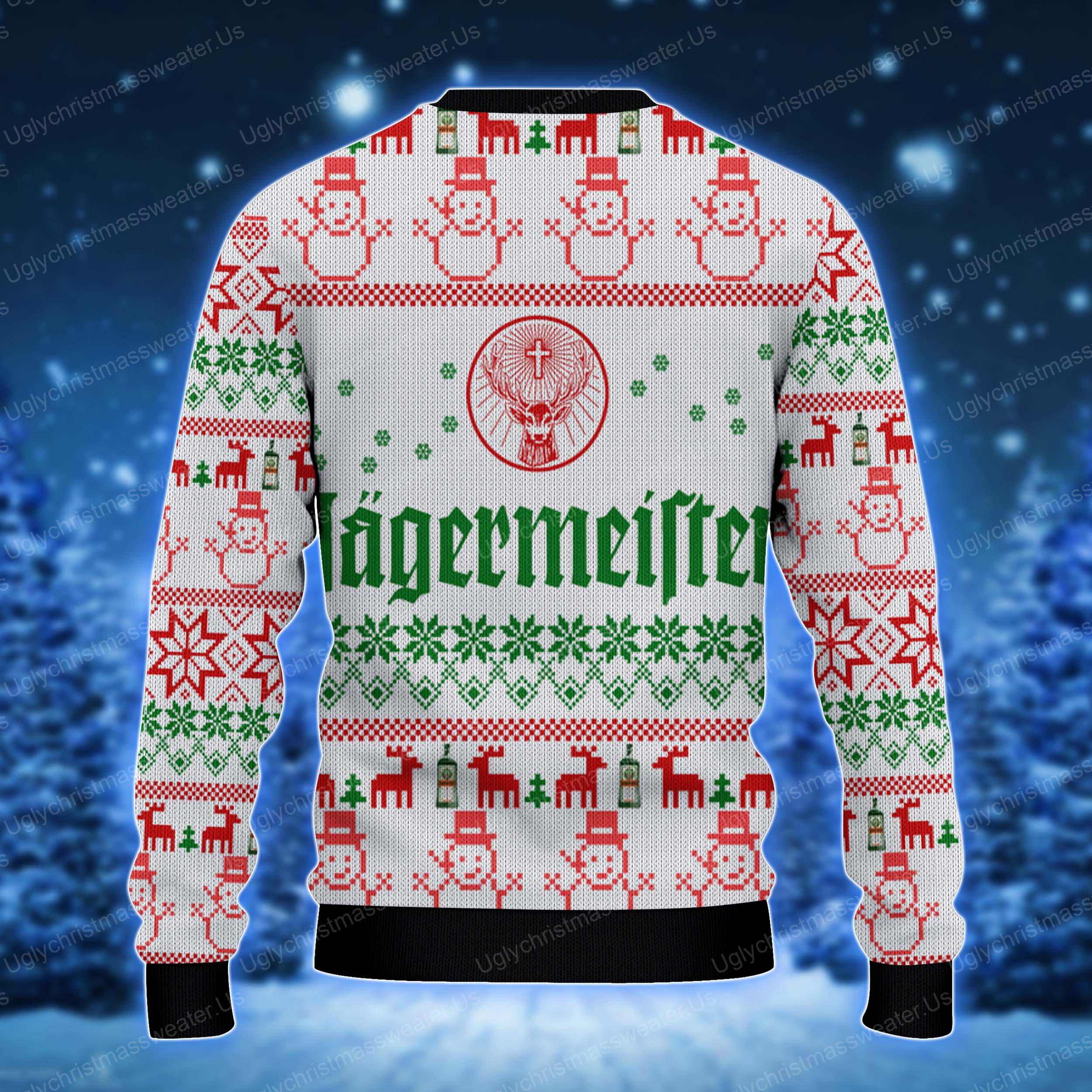 Holiday Cheer: Green, Red And Pink Ugly Sweater With Jagermeister Logo And Snowman-Snowflake