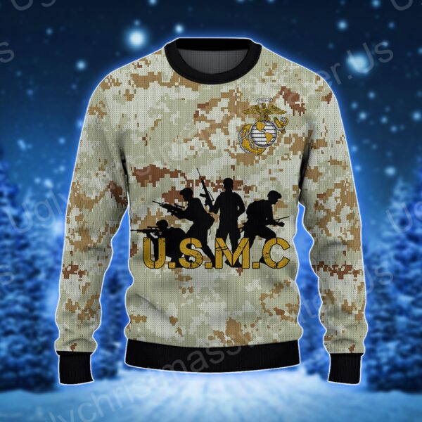 Marine Corps Spirit: Ugly Sweater In Camo And Black, Honoring Veteran Days With American Flag
