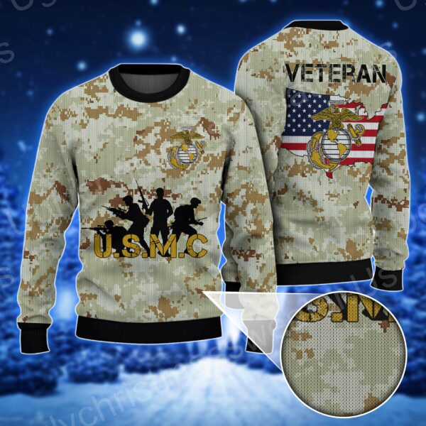 Marine Corps Spirit: Ugly Sweater In Camo And Black, Honoring Veteran Days With American Flag