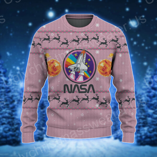 Rocketing Into Festive Orbits Pink Nasa Ugly Sweater With Moon, Logo And Astronaut Delight