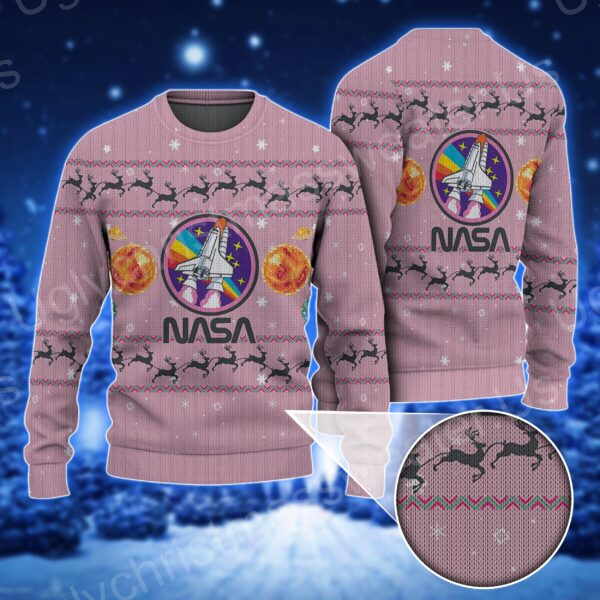 Rocketing Into Festive Orbits Pink Nasa Ugly Sweater With Moon, Logo And Astronaut Delight