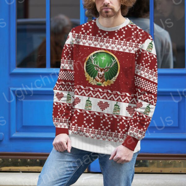 Raise A Glass In Style: Red And White Ugly Sweater With Jagermeister Logo And Christmas Heart