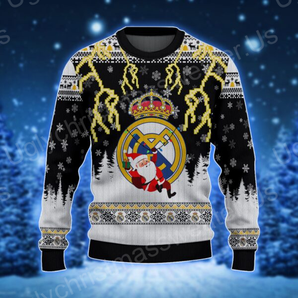 Real Madrid Logo With Festive Christmas And Santa Ugly Sweater Black And White