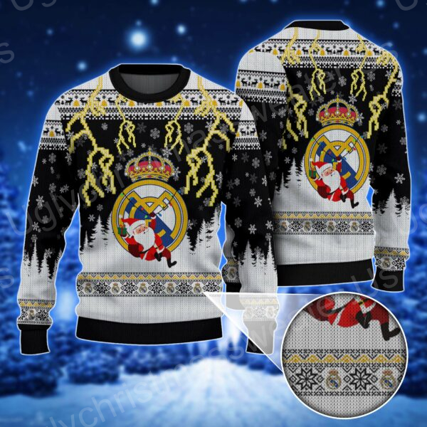 Real Madrid Logo With Festive Christmas And Santa Ugly Sweater Black And White
