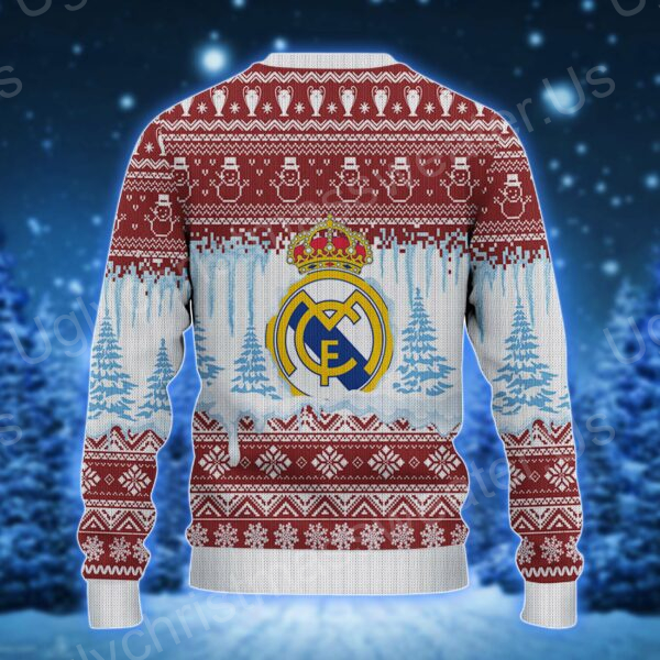 Real Madrid Snowy Ugly Sweater: Red And White Festive Design With Christmas And Snow Vector