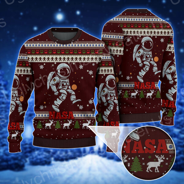 Red And White With NASA Elements: Logo, Rocket, Astronaut And Quirky Christmas Ugly Sweater