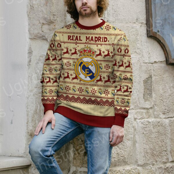 Show Your Team Pride: Red Ugly Sweater Adorned With Real Madrid Logo And Snowflake-Deer Pattern