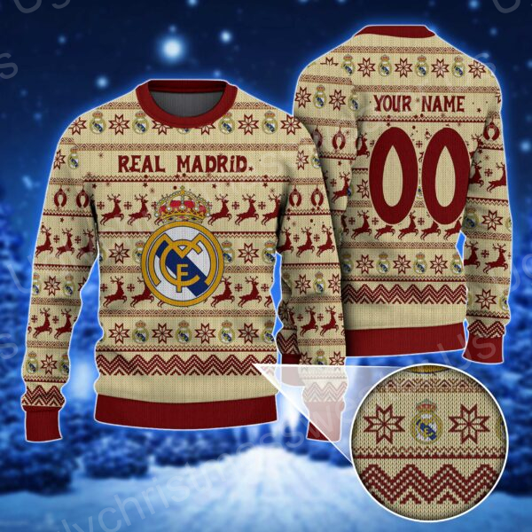 Show Your Team Pride: Red Ugly Sweater Adorned With Real Madrid Logo And Snowflake-Deer Pattern