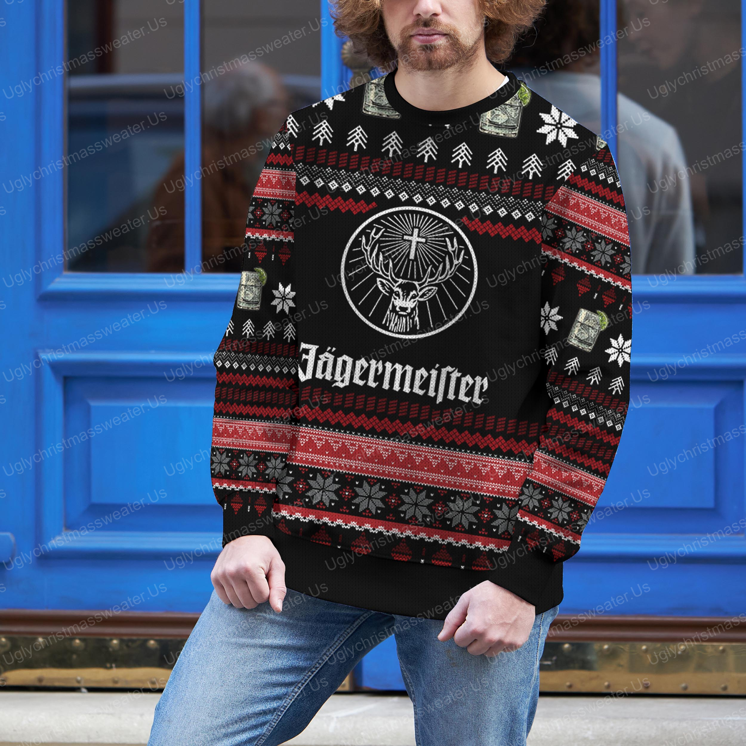 Winter Warmth: Red And Black Ugly Sweater Adorned With Jagermeister Logo And Snowflakes