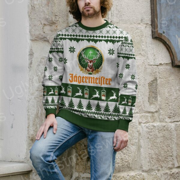 Winter Wear: Green And White Ugly Sweater Featuring Jagermeister Logo And Snowflake-Deer