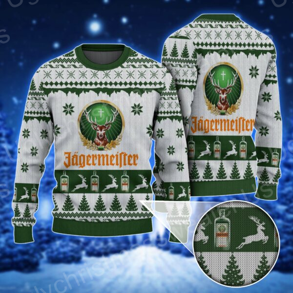 Winter Wear: Green And White Ugly Sweater Featuring Jagermeister Logo And Snowflake-Deer