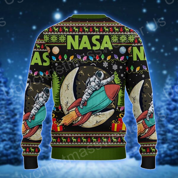 Reach For The Stars: Ugly Sweater With NASA Logo, Moon, Rocket And Astronaut Design