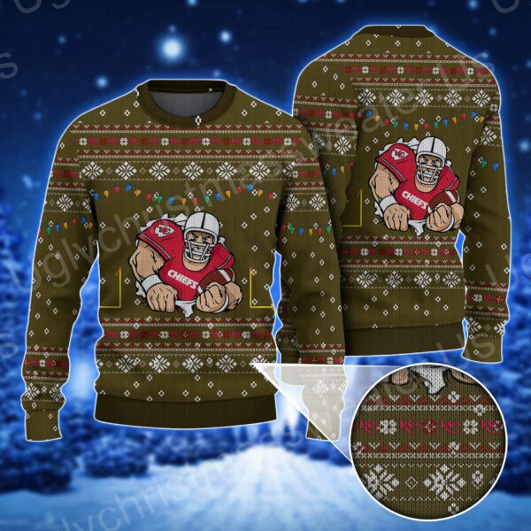 Show Your Chiefs Pride: Ugly Sweater Brown And Red With Team Logo And Player Design