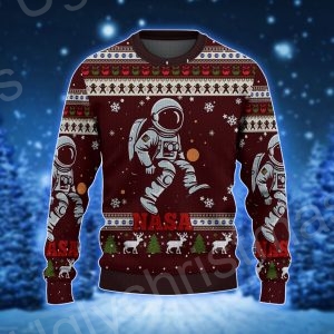 Red And White With Nasa ElementsLogo Rocket Astronaut And Quirky Christmas Ugly Sweater