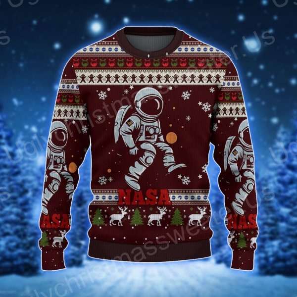 Red And White With Nasa ElementsLogo Rocket Astronaut And Quirky Christmas Ugly Sweater