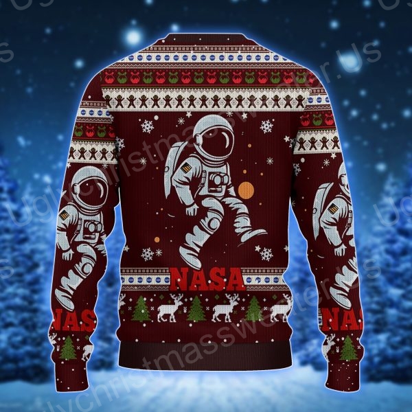 Red And White With Nasa ElementsLogo Rocket Astronaut And Quirky Christmas Ugly Sweater