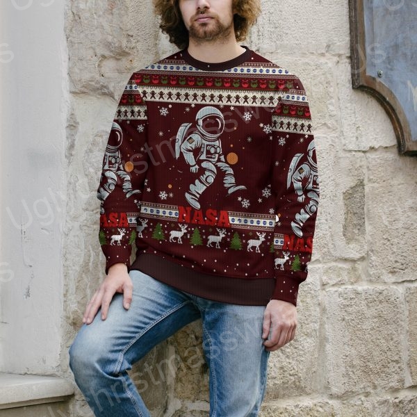 Red And White With Nasa ElementsLogo Rocket Astronaut And Quirky Christmas Ugly Sweater