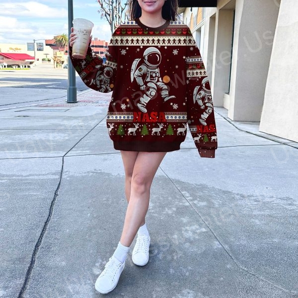 Red And White With Nasa ElementsLogo Rocket Astronaut And Quirky Christmas Ugly Sweater