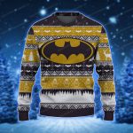 Dark Knight Style Festive Blue Knit Sweater with Gold Batman Logo