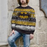 Dark Knight Style Festive Blue Knit Sweater with Gold Batman Logo