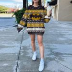 Dark Knight Style Festive Blue Knit Sweater with Gold Batman Logo