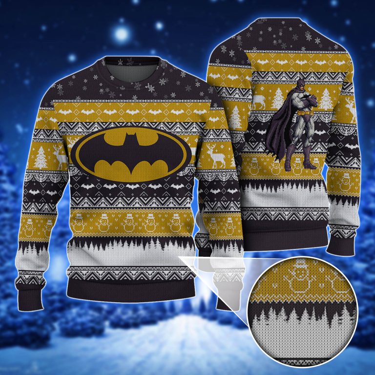 Dark Knight Style Festive Blue Knit Sweater with Gold Batman Logo