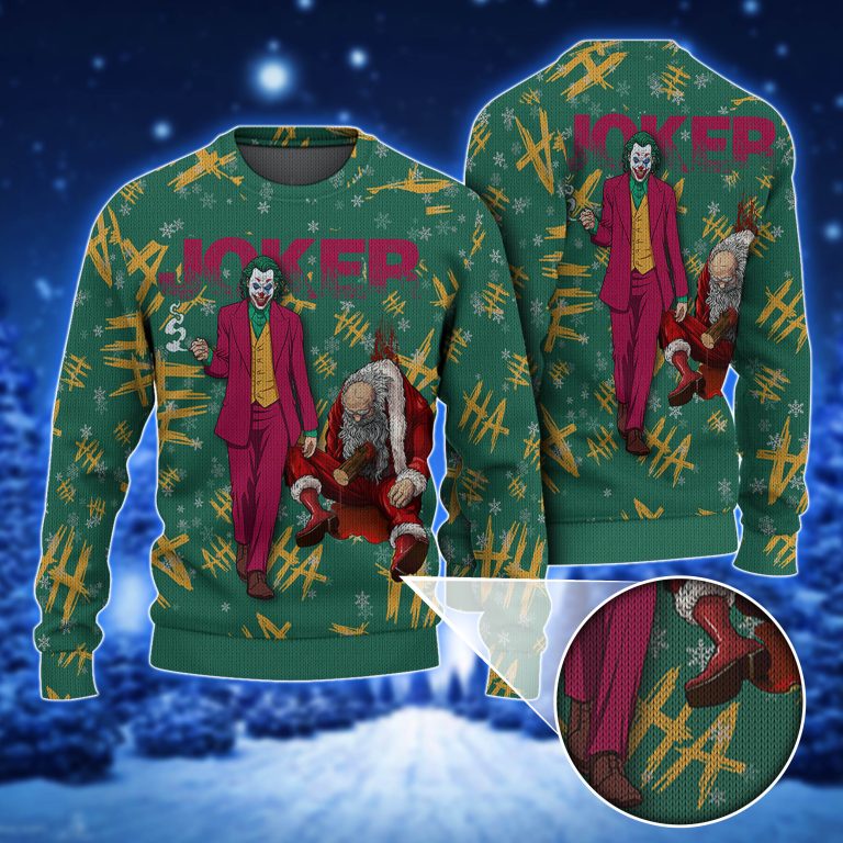 Holiday Mayhem In Green Joker Ugly Christmas Sweater With Santa Snowflakes Haha Print