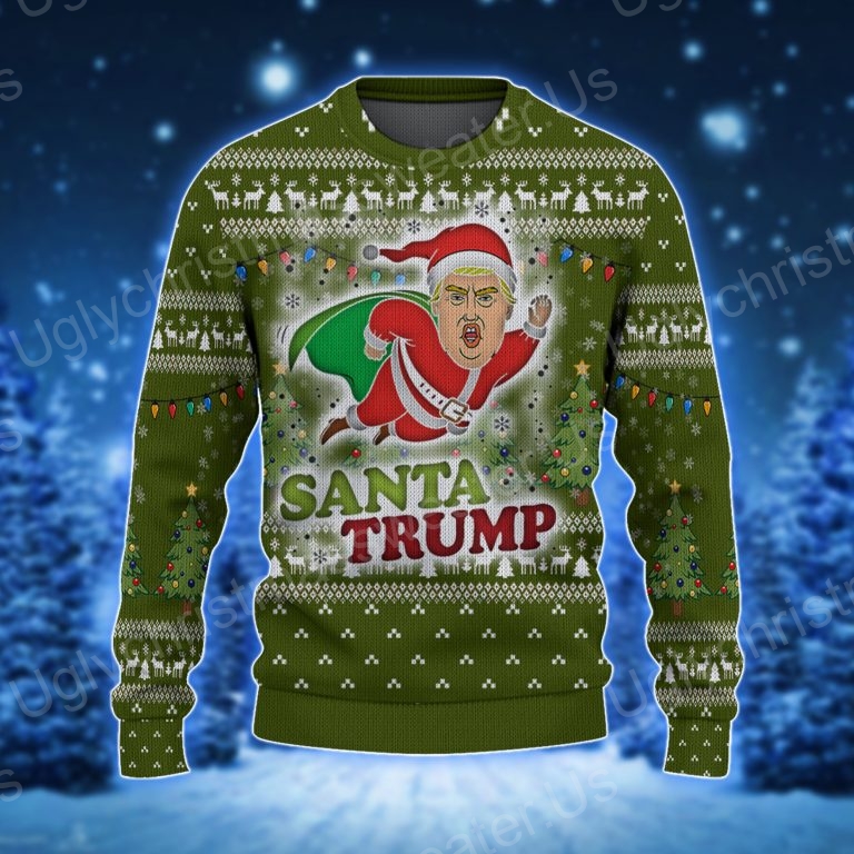 Funny Santa Trump Flying Christmas Trees Ugly Holiday Sweater 1 - Ugly Christmas Sweater