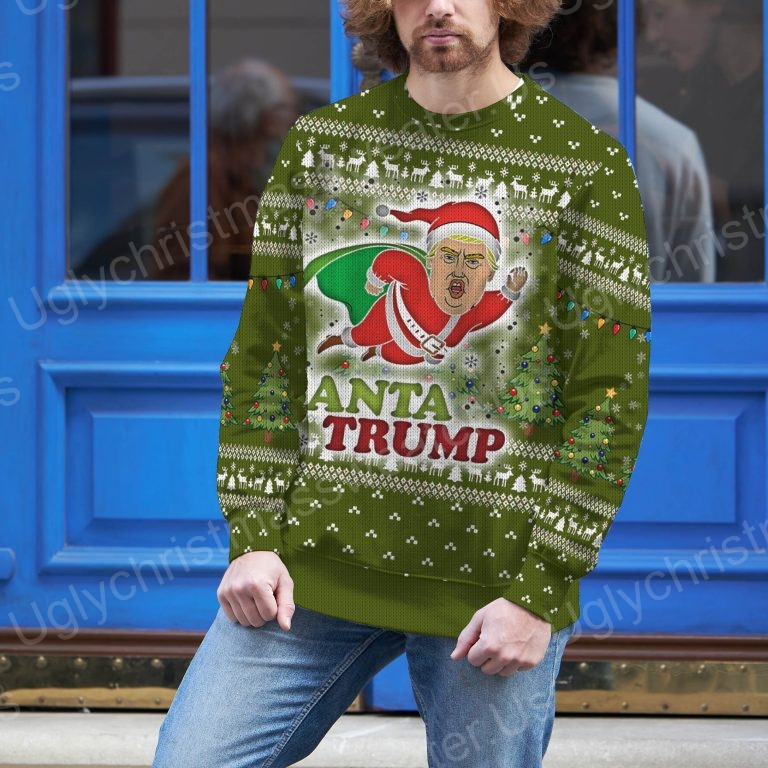 Funny Santa Trump Flying Christmas Trees Ugly Holiday Sweater 3 - Ugly Christmas Sweater