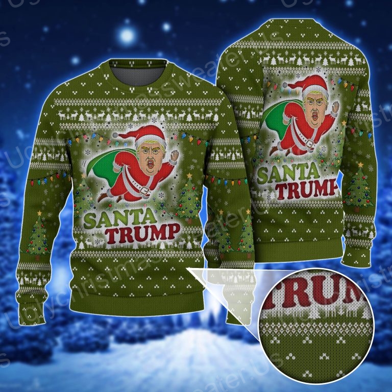 Funny Santa Trump Flying Christmas Trees Ugly Holiday Sweater - Ugly Christmas Sweater